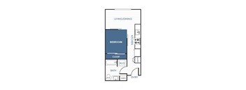 A floor plan of a small apartment with a bedroom, living/dining area, and kitchen.