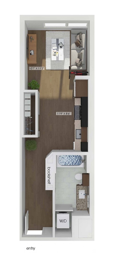 3D floor plan of a studio bedroom 1 bathroom apartment sized 408 square feet.