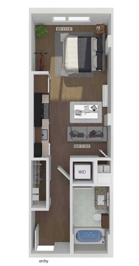 3D floor plan of a studio bedroom 1 bathroom apartment sized 452 square feet.