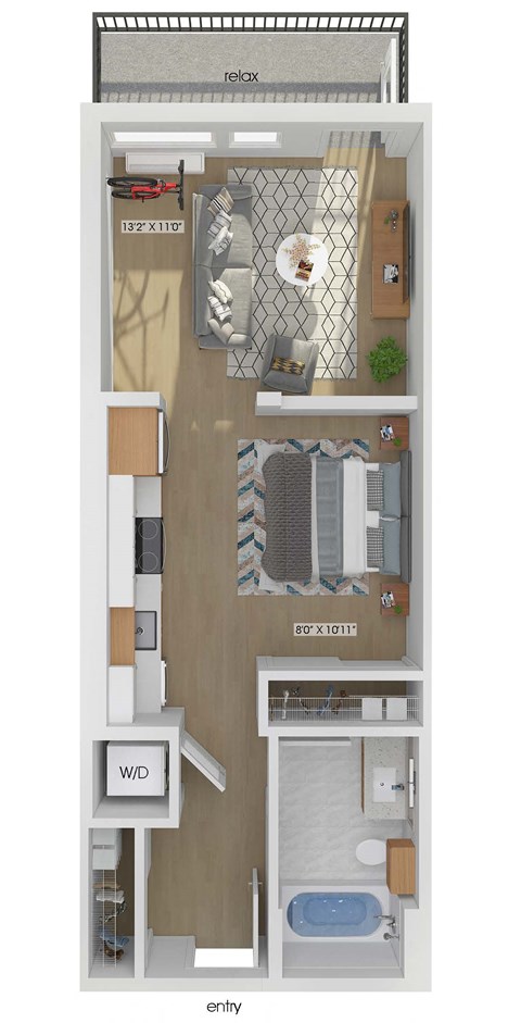 3D floor plan of a studio bedroom 1 bathroom apartment sized 513 square feet.