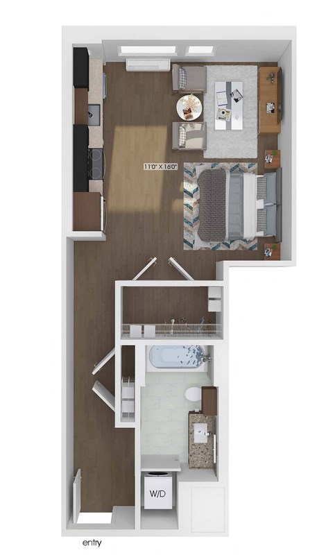 3D floor plan of a studio bedroom 1 bathroom apartment sized 523 square feet.