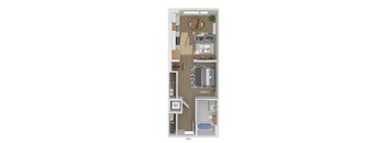 3D floor plan of a studio bedroom 1 bathroom apartment sized 524 square feet.
