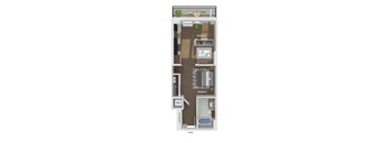 3D floor plan of a studio bedroom 1 bathroom apartment sized 531 square feet.