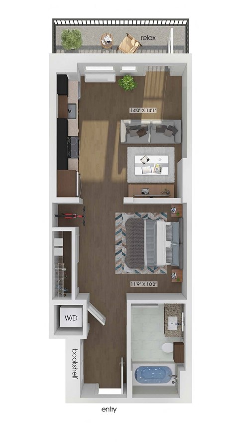 3D floor plan of a studio bedroom 1 bathroom apartment sized 531 square feet.