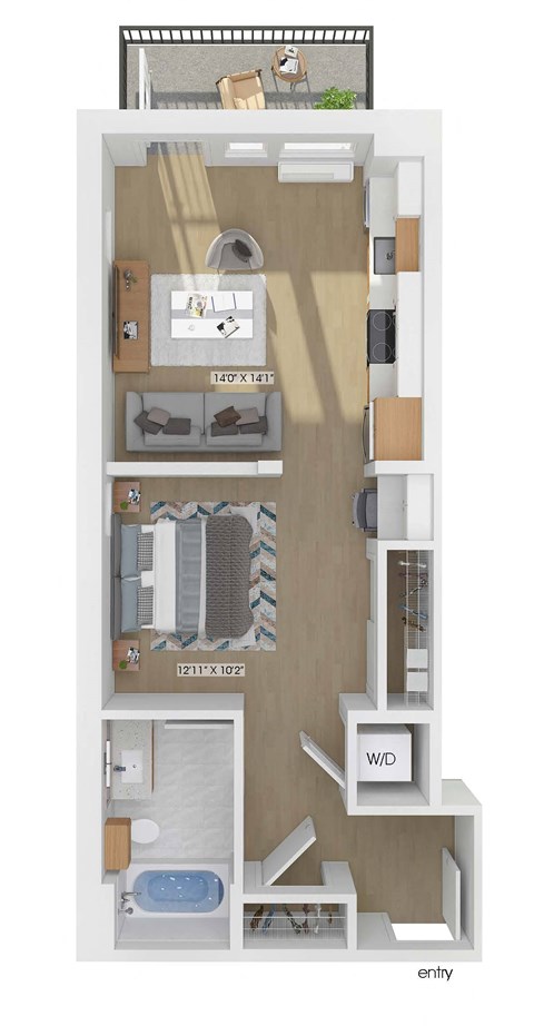3D floor plan of a studio bedroom 1 bathroom apartment sized 562 square feet.