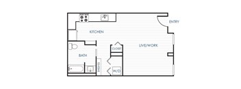 A floor plan of a home with a kitchen, bath, and work area.