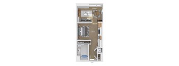 3D floor plan of a studio bedroom 1 bathroom apartment sized 618 square feet.