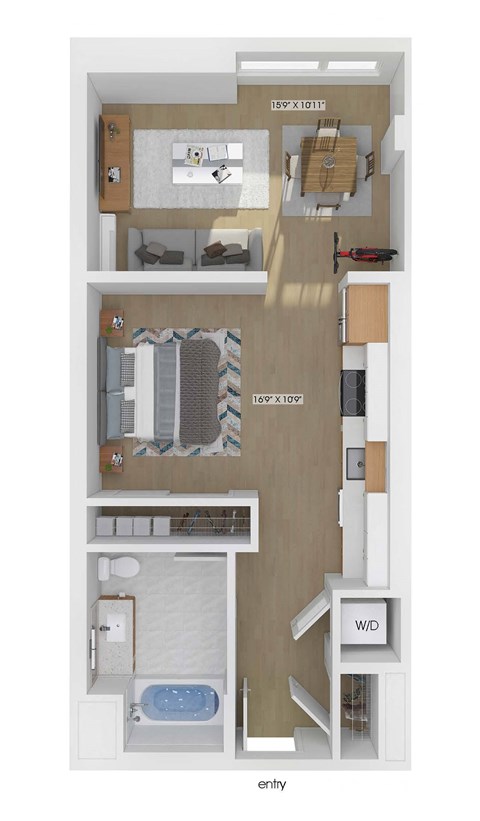 3D floor plan of a studio bedroom 1 bathroom apartment sized 618 square feet.