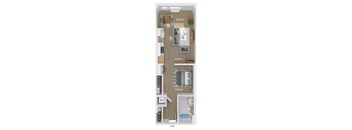 3D floor plan of a studio bedroom 1 bathroom apartment sized 654 square feet.