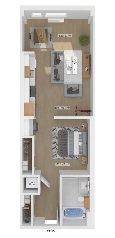 3D floor plan of a studio bedroom 1 bathroom apartment sized 654 square feet.