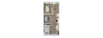 3D floor plan of a studio bedroom 1 bathroom apartment sized 661 square feet.