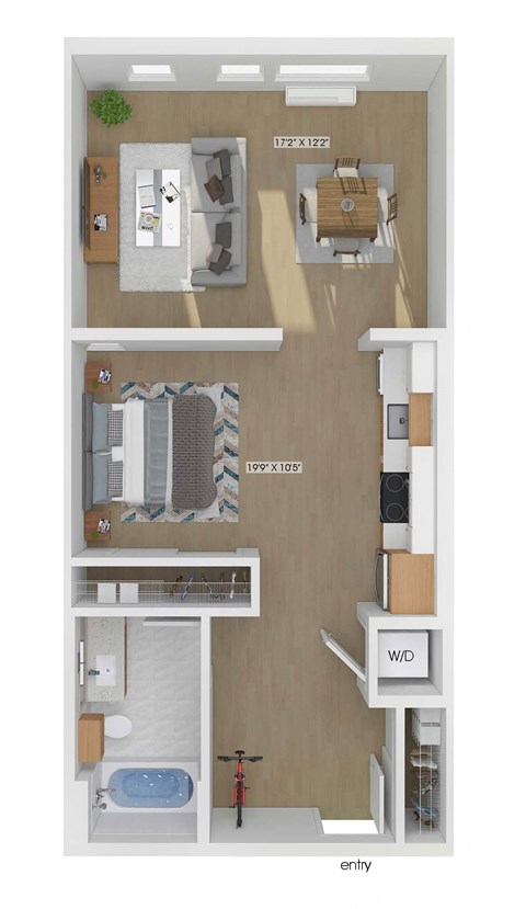 3D floor plan of a studio bedroom 1 bathroom apartment sized 661 square feet.