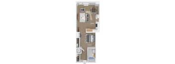 3D floor plan of a studio bedroom 1 bathroom apartment sized 702 square feet.