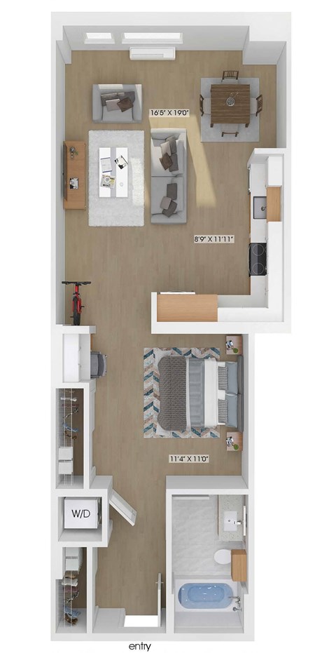 3D floor plan of a studio bedroom 1 bathroom apartment sized 702 square feet.