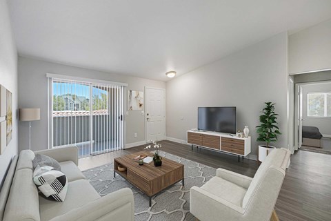 A living room with a grey couch, a wooden coffee table, and a television.