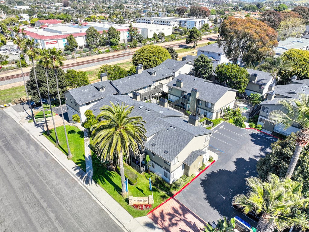 an aerial view of a neighborhood with houses and palm trees