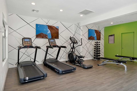 A gym with treadmills, elliptical machines, and a rowing machine.