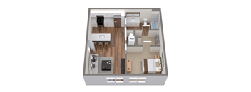 A 3D floor plan of an apartment home.