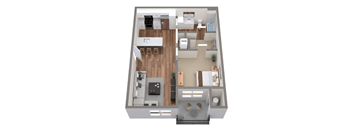 A 3D floor plan of an apartment home.