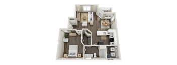 A top-down 3D floor plan of an apartment home.