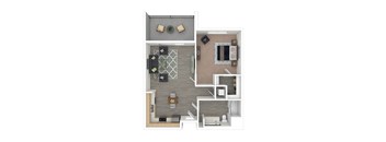 A top-down view of a house layout with a living room, kitchen, and bathroom.