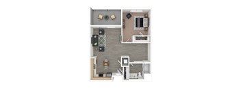 A top-down view of a small apartment with a kitchen, living room, and bathroom.