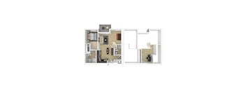 A 3D floor plan of the one bedroom 2 bathroom D apartment.