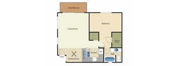 A floor plan of a house with a living room, dining room, kitchen, bathroom, and bedroom.