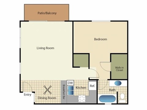 A floor plan of a house with a living room, dining room, kitchen, bathroom, and bedroom.