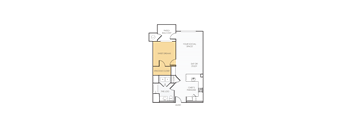 A diagram of a house layout with a patio/balcony, a spacious closet, and a kitchen area.