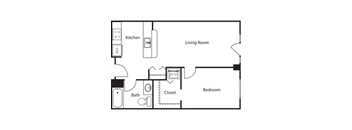 A floor plan of a small apartment with a kitchen, living room, bedroom and bathroom.