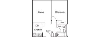 A simple black and white floor plan of a small apartment with a living room, kitchen, and bedroom.