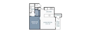 A floor plan of a one bedroom 1 bathroom A apartment.