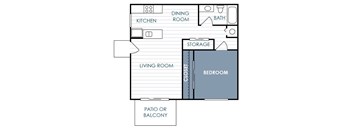 A floor plan of a house with a living room, bedroom, kitchen, and bathroom.