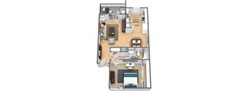 A 3D floor plan of a 1 bedroom 1 bathroom apartment.