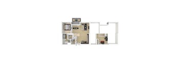 A 3D floorplan of the one bedroom 2 bathroom C apartment.