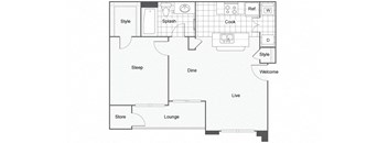 One bedroom one bath apartment floorplan