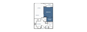 A floor plan of a house with a living room, dining room, kitchen, bathroom, bedroom, and closet.