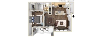 A 3D rendered image of a small apartment layout.