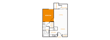 1 Bedroom 1 bathroom Hudson floor plan with 600 square feet