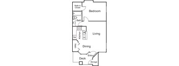 A 2D floor plan of apartment with two bedrooms, a kitchen, a dining area, and a patio/balcony.