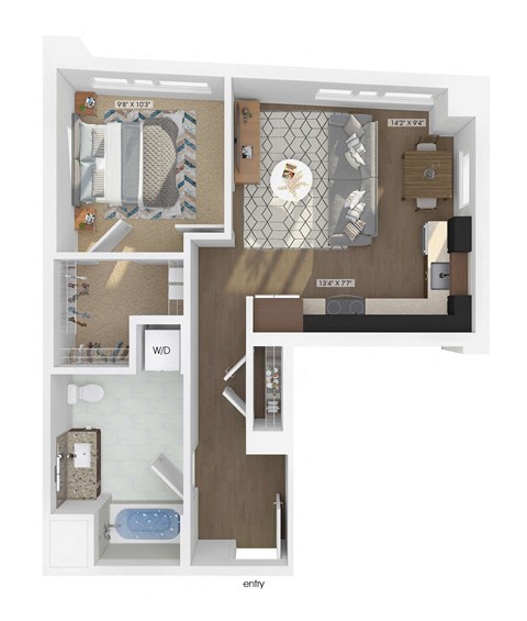 3D floor plan of a 1 bedroom 1 bathroom apartment sized 618 square feet.