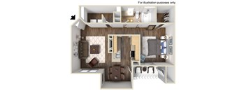 A 3D illustration of a small apartment layout.