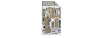 3D floor plan of a 1 bedroom 1 bathroom apartment sized 626 square feet.