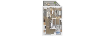 3D floor plan of a 1 bedroom 1 bathroom apartment sized 628 square feet.