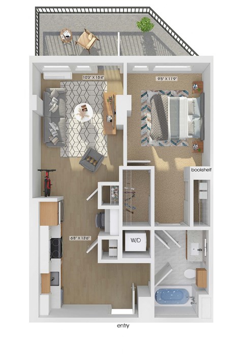 3D floor plan of a 1 bedroom 1 bathroom apartment sized 628 square feet.
