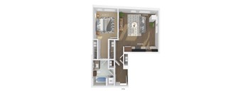 3D floor plan of a 1 bedroom 1 bathroom apartment sized 655 square feet.