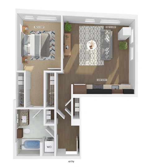 3D floor plan of a 1 bedroom 1 bathroom apartment sized 655 square feet.