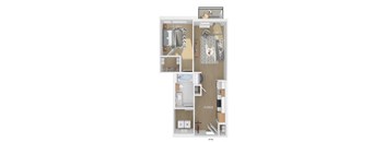 3D floor plan of a 1 bedroom 1 bathroom apartment sized 691 square feet.