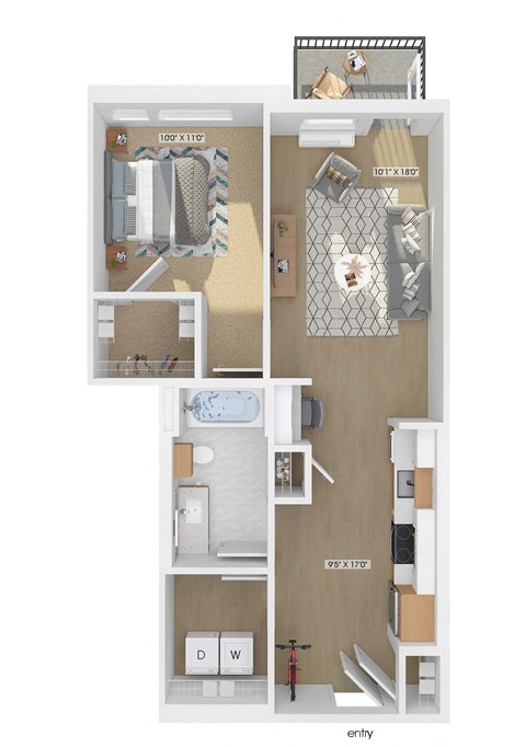 3D floor plan of a 1 bedroom 1 bathroom apartment sized 691 square feet.